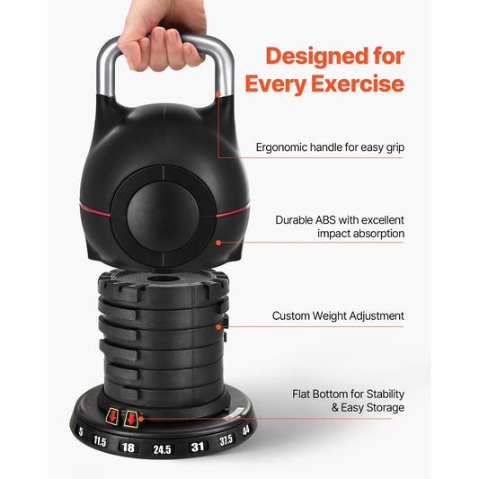 Adjustable Kettlebell with 7 Weight Options (5, 11.5, 18, 24.5, 31, 37.5, 44 Lbs), Crafted from Die-Cast Aluminum and ABS, Ideal for Grip Strength, Full-Body Exercise, and Cross-Training
