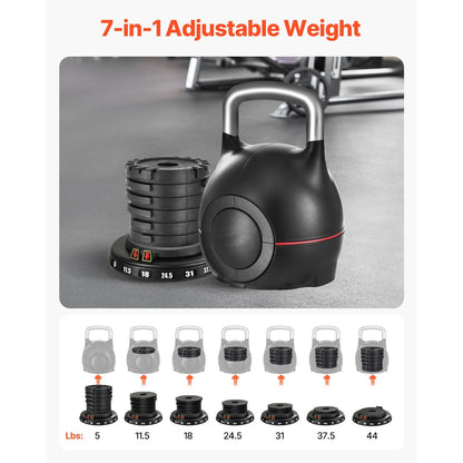 Adjustable Kettlebell with 7 Weight Options (5, 11.5, 18, 24.5, 31, 37.5, 44 Lbs), Crafted from Die-Cast Aluminum and ABS, Ideal for Grip Strength, Full-Body Exercise, and Cross-Training