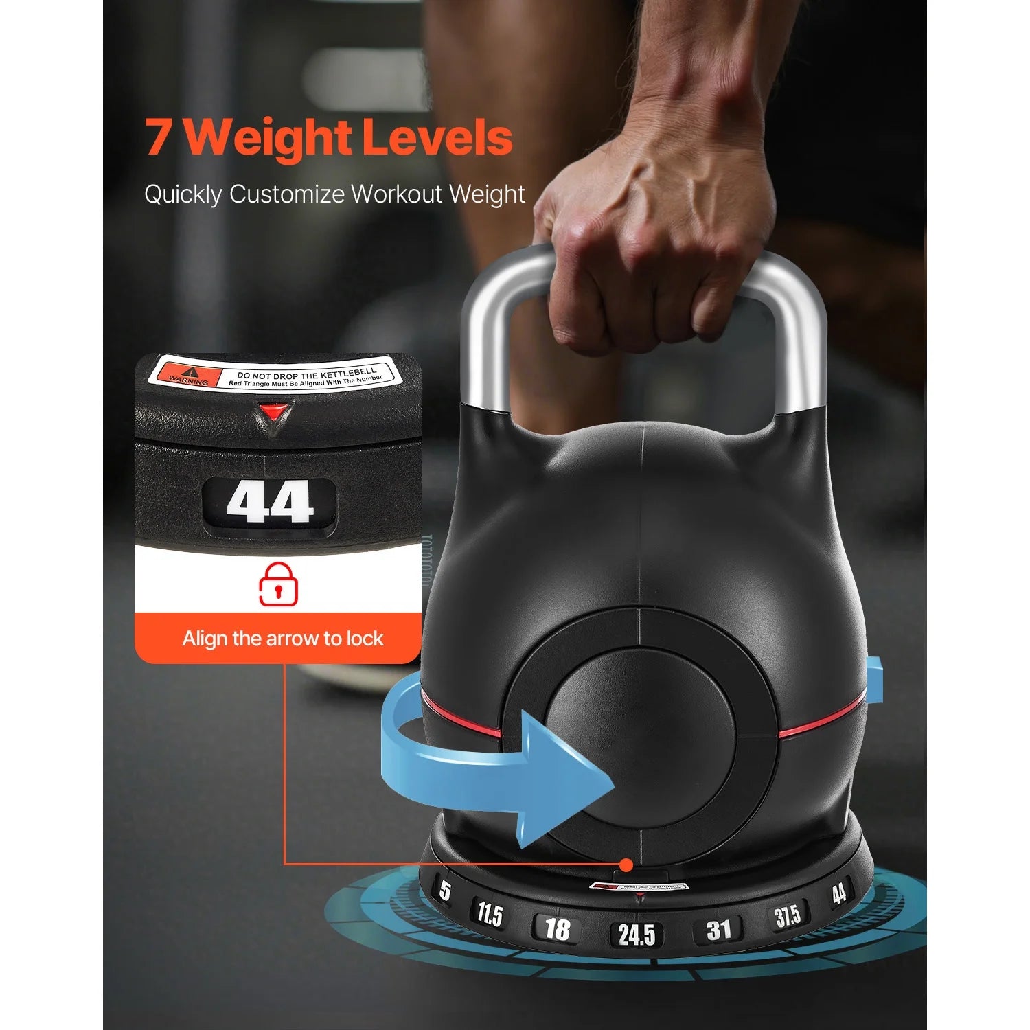 Adjustable Kettlebell with 7 Weight Options (5, 11.5, 18, 24.5, 31, 37.5, 44 Lbs), Crafted from Die-Cast Aluminum and ABS, Ideal for Grip Strength, Full-Body Exercise, and Cross-Training